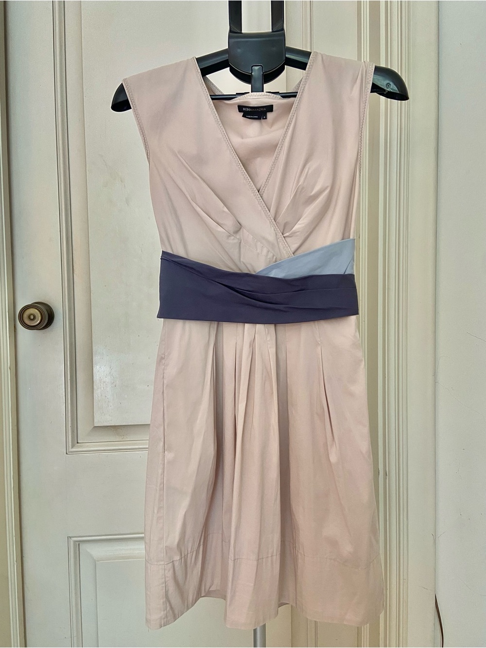 BCBGMaxAzria Beige with Navy & baby blue band Midi Dress